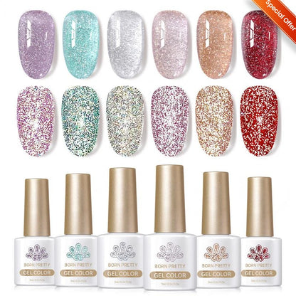 BORN PRETTY 7ml Glitter Gel Nail Polish Set Sparkly Shiny Gold Silver Pink Glitter Gel Polish Kit Winter Christmas Gift Box