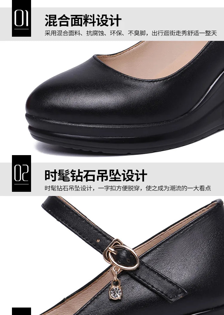 high quality leather shoe for women 7cm wedge high heel platform round toe 32 33 42 43 elegant and fashion shoe white red black