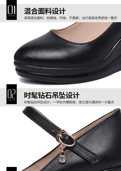 high quality leather shoe for women 7cm wedge high heel platform round toe 32 33 42 43 elegant and fashion shoe white red black