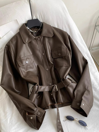 Fashion Tied Waist Long Sleeved Jacket for Women Autumn 2025 Casual Pocket Leather Jackets