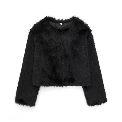 HH Women Winter Fashion Artificial Fur Effect Short Jacket Coats Female O-Neck Vintage Long Sleeve Loose Warm Top Streetwear