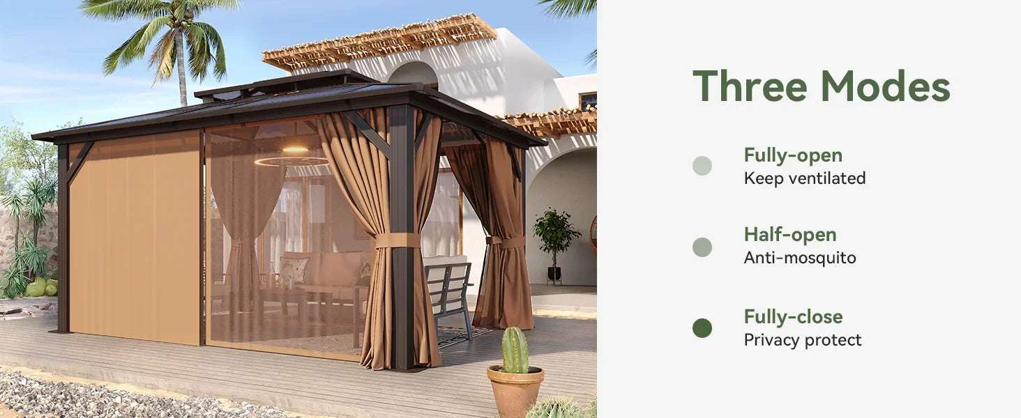 12'x14' Hardtop Gazebo, Aluminum Frame Permanent Pavilion with Curtains and Netting, Designed for Garden, Brown