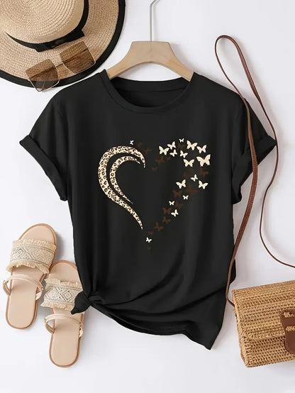 Stylish women's heart print shirt in black with butterfly designs for a trendy summer look