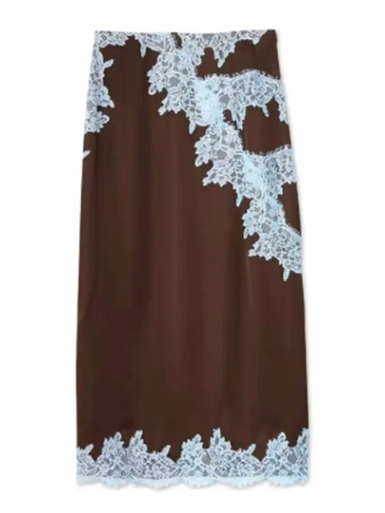 Contrast Patchwork Lace Maxi Skirt Suit Women Satin V-neck Sleeveless Skirts Suits 2025 Lady Summer Casual Daily 2 Pieces Set