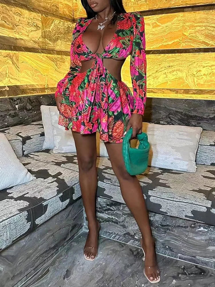 Two Piece Sets Women Skirt Set Print Floral Matching Sets V Neck Flare Sleeve Top Short Skirts Dress Sets Lace Up High Waist