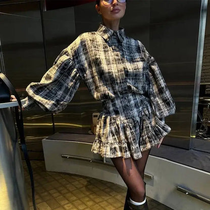 Plaid Print Shirt Ruffles Skirts Set Women Elegant Lapel Button Up Tops Loose Mini A-line Skirt Spring New Lady Chic Outfit LK9Q