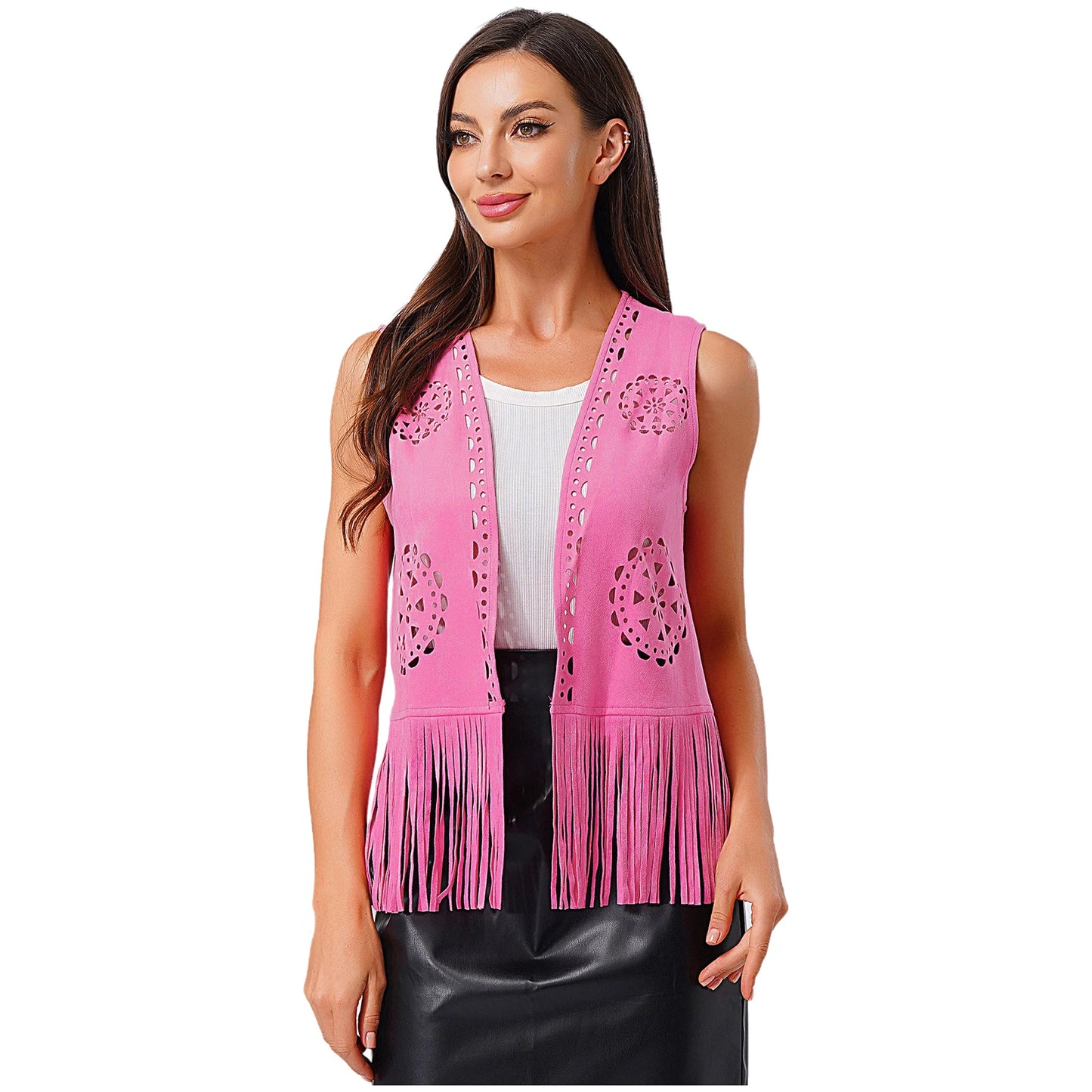 Womens Western Cowgirl Hippy Cosplay Costume Vintage Hollow Out Tassel Tank Tops Fringe Vest 70s Disco Faux Suede Waistcoat