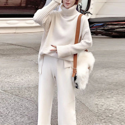 Autumn Winter 2 Pieces Women Sets Knitted Tracksuit 2025 New Turtleneck Sweater and Wide Leg Jogging Pant Pullover Suits