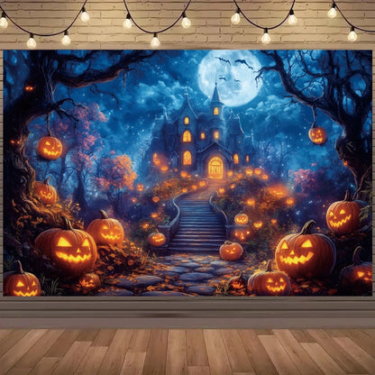 EtherealBe Halloween photo backdrop featuring a spooky mansion with glowing pumpkins and a full moon