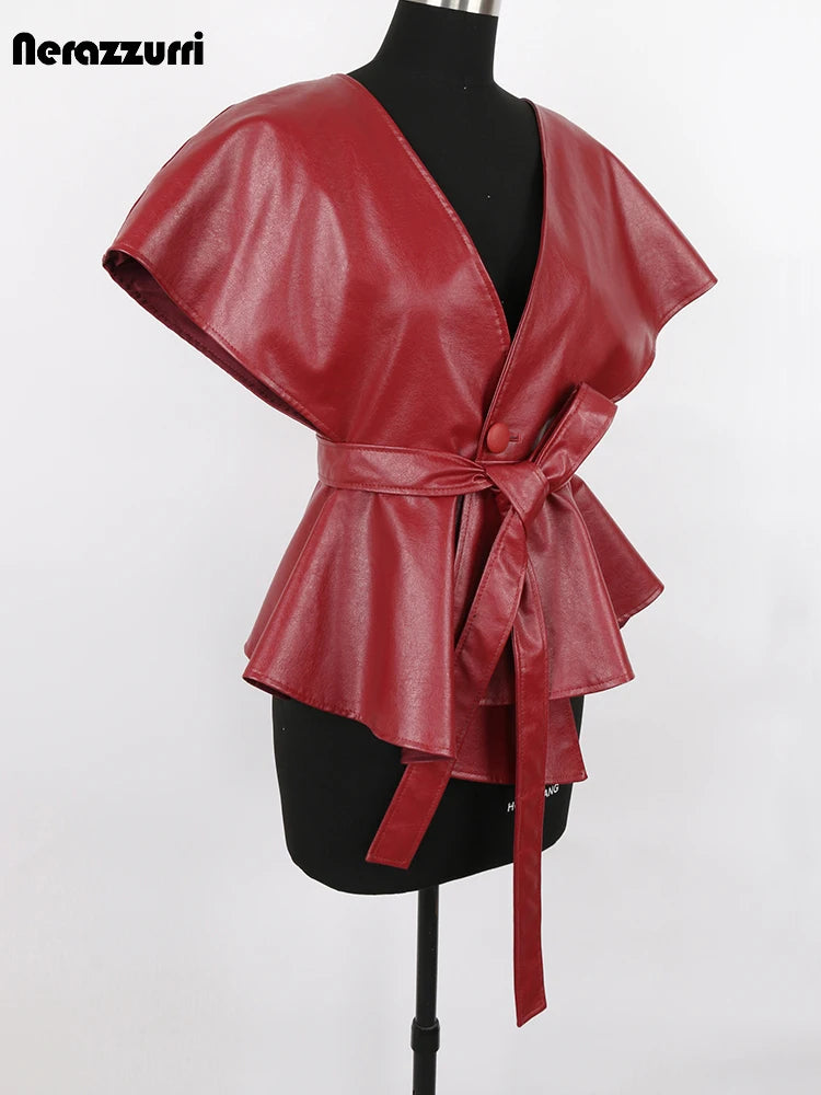Nerazzurri Spring Short Red Faux Leather Vest Women Belt Runway Fashion Elegant Luxury Designer Clothes Sleeveless Jacket 2022