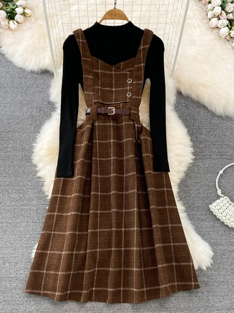 High Quality Fall Winter Women Sweater Overalls Dress Sets Casual Knitted Tops +Plaid Woolen Dress 2 Piece Sets Outfits Female