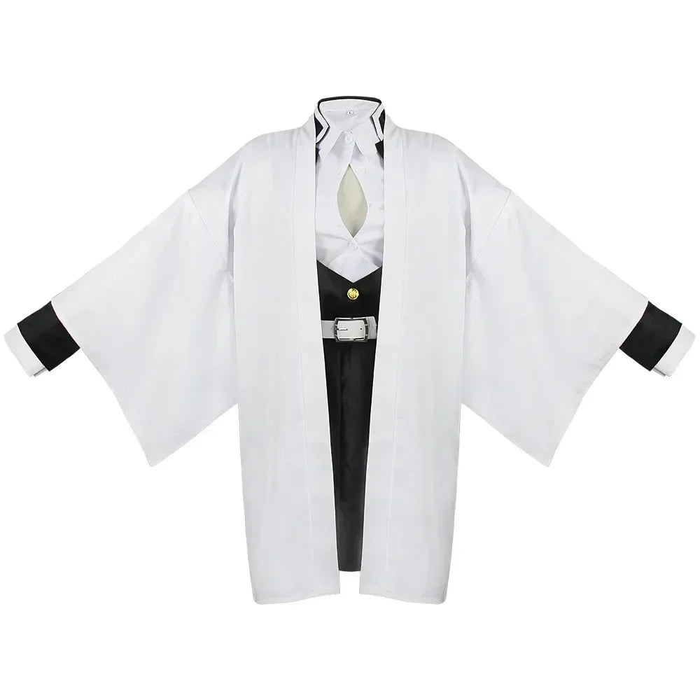 EtherealBe Mitsuri Kanroji cosplay costume featuring a flowing white kimono design with black accents