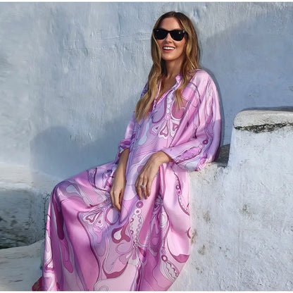 Geometric Print Cape Women's Set Loose Batwing Sleeve Top Flowy Maxi Skirt 2025 Summer Elegant Suit Holiday Fashion Lady Sets