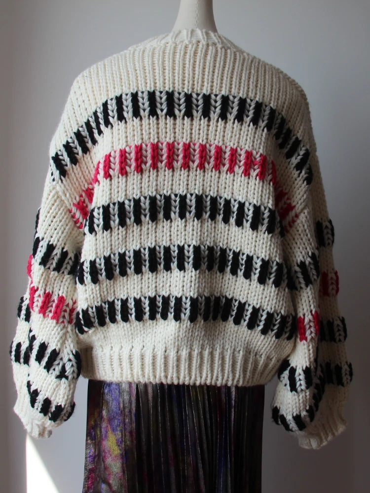 Women Multi Color Striped Thick Casual Round-neck Sweater Chunky Jumper Bold Black & Pink Stripes Winter Niche Design Knit Top