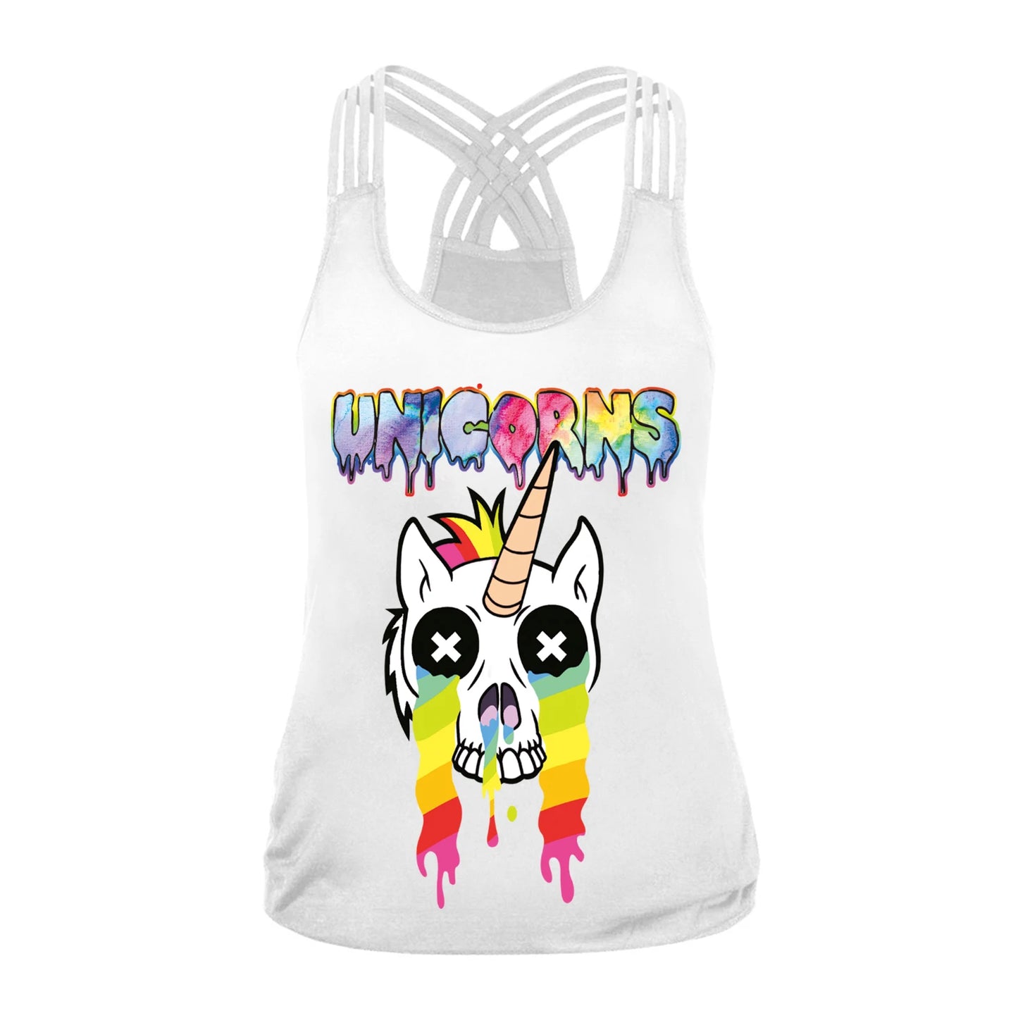 EtherealBe Halloween graphic workout tank tops for women with vibrant unicorn design and colorful drips