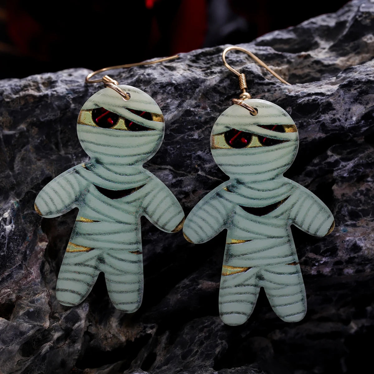 EtherealBe Halloween earrings for women featuring spooky mummy designs with vibrant red eyes