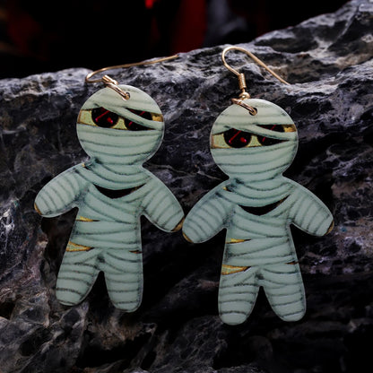 EtherealBe Halloween earrings for women featuring spooky mummy designs with vibrant red eyes