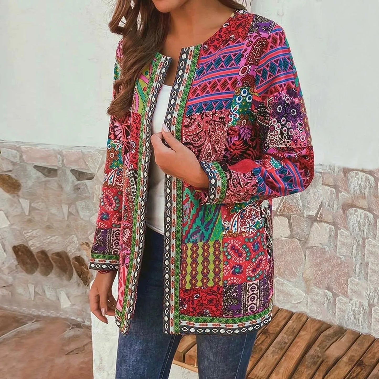 Autumn Winter Fashion Colorful Boho Floral Print Open Front Cardigan Casual Loose Long Sleeve Lightweight Jacket With Pockets