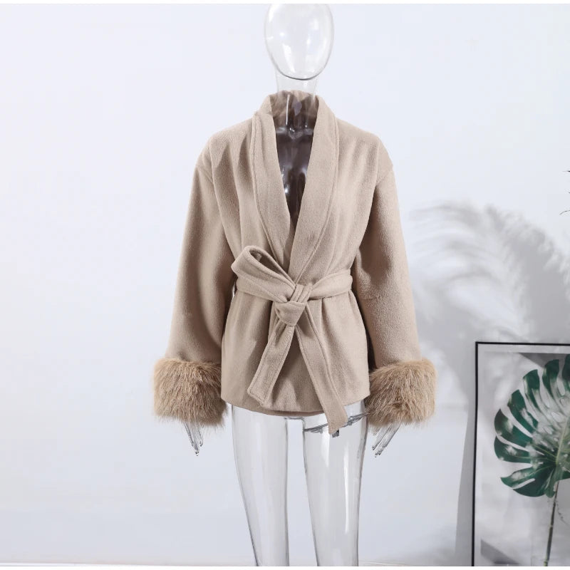 2025 Chic Lapel Plush Coat With Belt Women Vintage Solid Faux Fur Sleeve Tweed Open Coats Female Autumn Casual Street Outwear