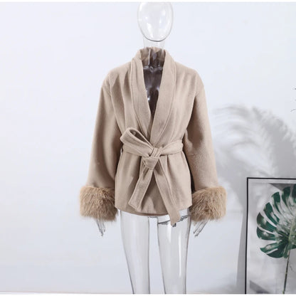 2025 Chic Lapel Plush Coat With Belt Women Vintage Solid Faux Fur Sleeve Tweed Open Coats Female Autumn Casual Street Outwear
