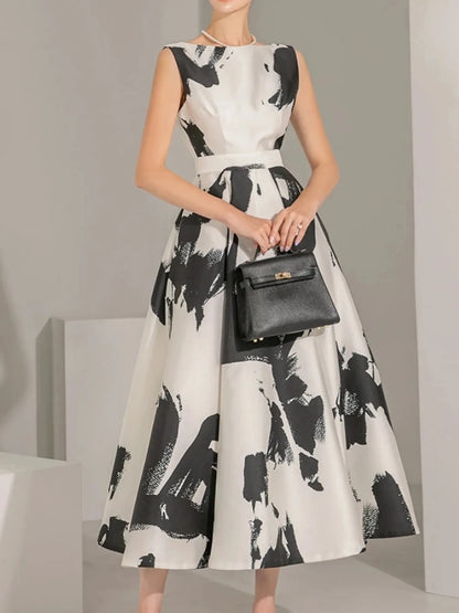 Women Elegant Casual Print Summer Dress Sleeveless Vintage A-Line Chic Party Birthday Vestidos Female Clothes New Midi Robe