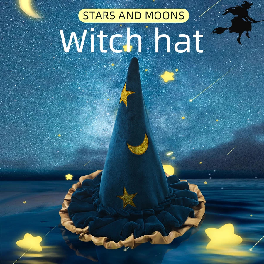 EtherealBe Halloween witch hat for women with stars and moons design and a ruffled brim
