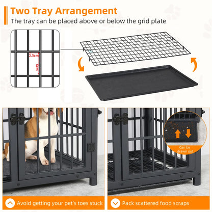 Large Wooden Dog Crate Indoor Furniture Style Elevated Pet Dog Cage Kennel End Table Lattice Playpen with 3 Doors Removable Tray