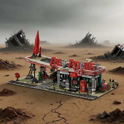 Movie Game Red Abandoned Gas Station Architecture Doomsday MOC House Modular Building Blocks Model Kit Adult Kid Gift 2221PCS