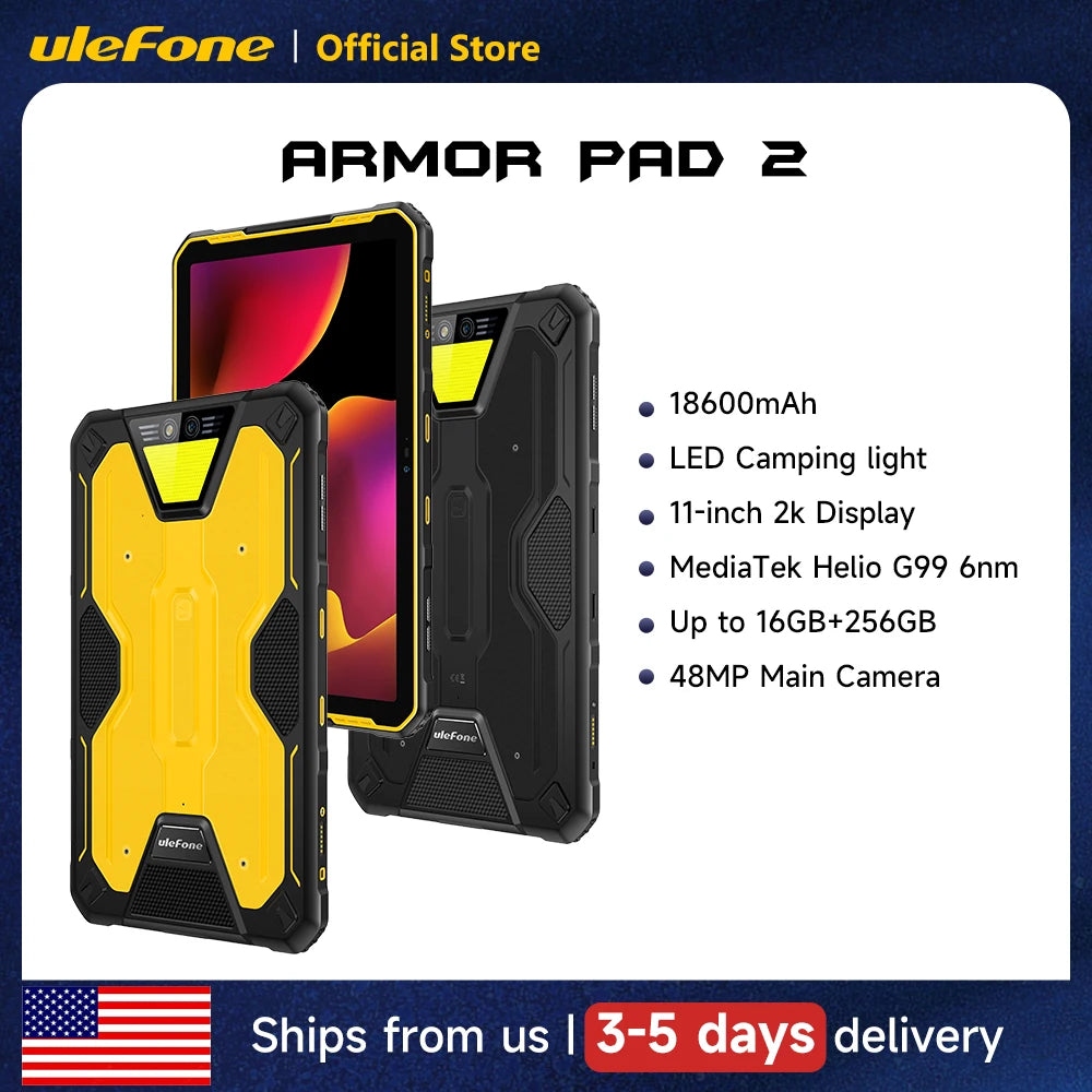 Ulefone Armor Pad 2 Rugged Tablet, 11" 2K, 18600 mAh ,IP68/IP69K Android 13 NFC GPS 4G Tablet Up to16GB +256GB LED Camping light