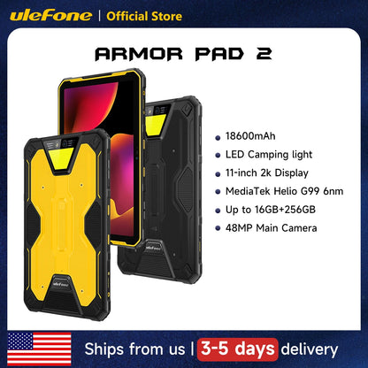 Ulefone Armor Pad 2 Rugged Tablet, 11" 2K, 18600 mAh ,IP68/IP69K Android 13 NFC GPS 4G Tablet Up to16GB +256GB LED Camping light
