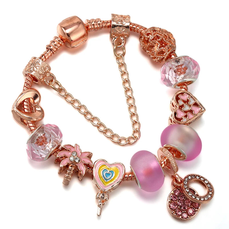 Spring Style Charms Bracelets For Women With Snake Chain Pink Daisy DIY Charms Beads Pendants Fashion Jewelry Dropshipping