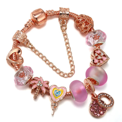 Spring Style Charms Bracelets For Women With Snake Chain Pink Daisy DIY Charms Beads Pendants Fashion Jewelry Dropshipping