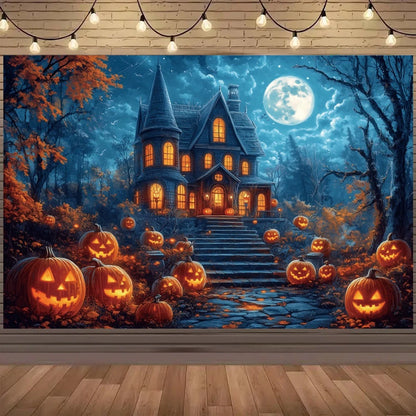 Spooky Halloween photo backdrop featuring a haunted house, pumpkins, and a full moon