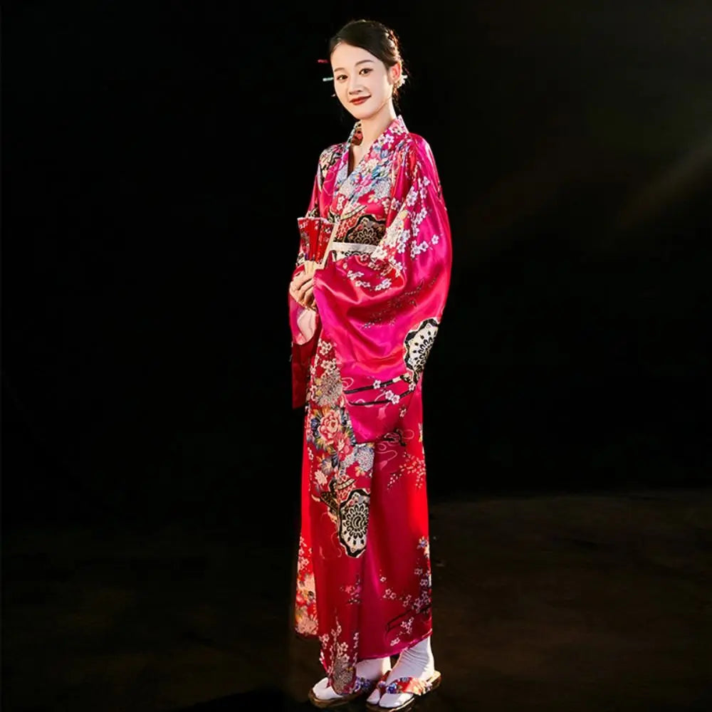 Cosplay Costume Traditional Japanese Kimono Japanese Style Printed Floral Sakura Girl Kimono Dress Elegance Asian
