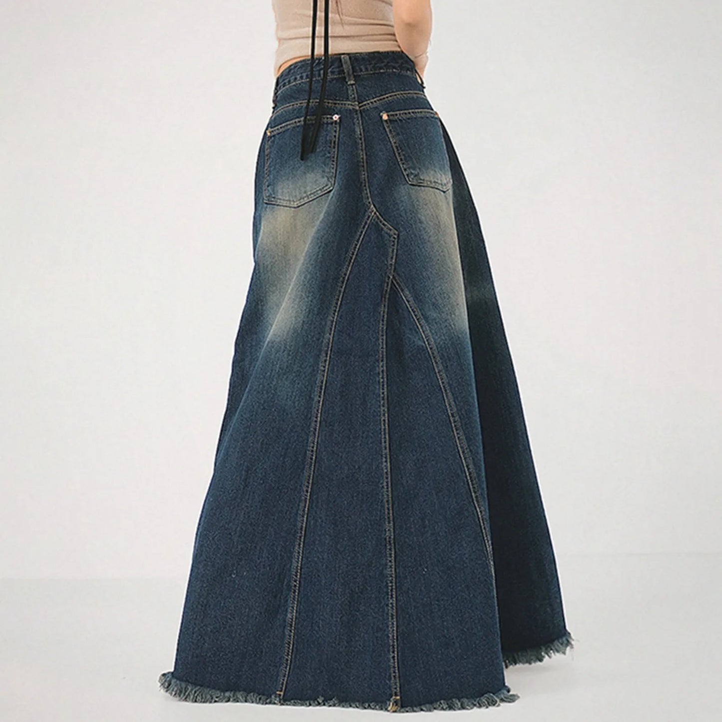Vintage Denim Skirts For Women High Waisted Distressed Washable Blue A Line Dress High Street Style Fringe Hem Long Half Skirts