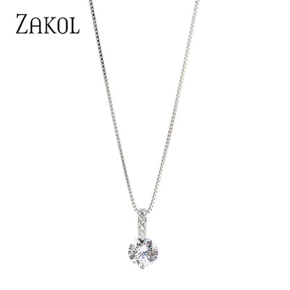 ZAKOL Simple Round Zirconia Pendant Necklaces for Women Shiny Crystal Fashion Party Dress Jewelry