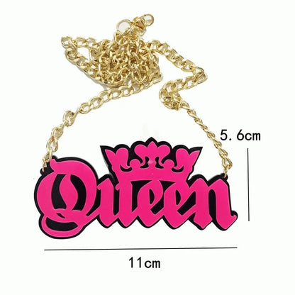 EtherealBe Halloween black letter necklace featuring a vibrant pink 'Queen' design with a gold chain