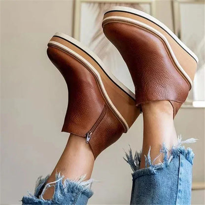 Autumn Ankle Boots Women Fashion Leather Wedge Heel Platform Women's Shoes Short Boots High Heels Boots Botas De Mujer
