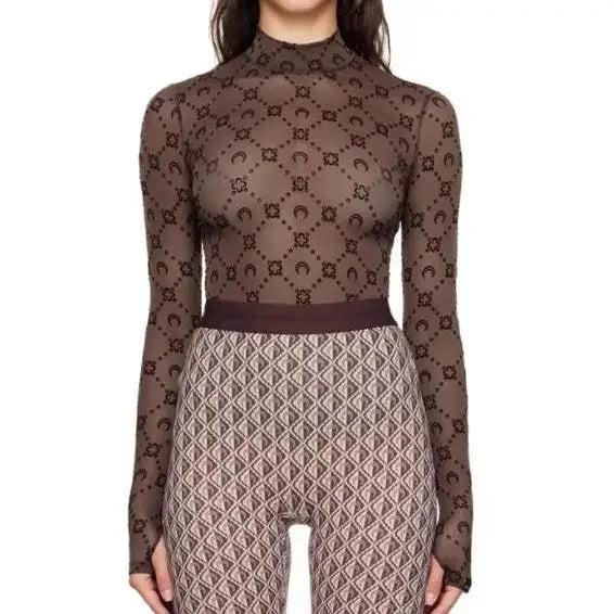 Spring Fashion Sexy Perspective Women's Pullover Mesh T-Shirt New Semi High Neck Long Sleeved Slim Fit Elastic Women T-Shirt