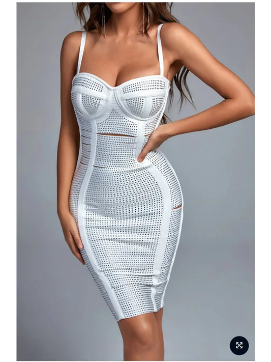 New Summer White Color Women Sleeveless Sexy Hollow Out Bodycon Mini Dress Bandage Celebrate Birthday Party Dress