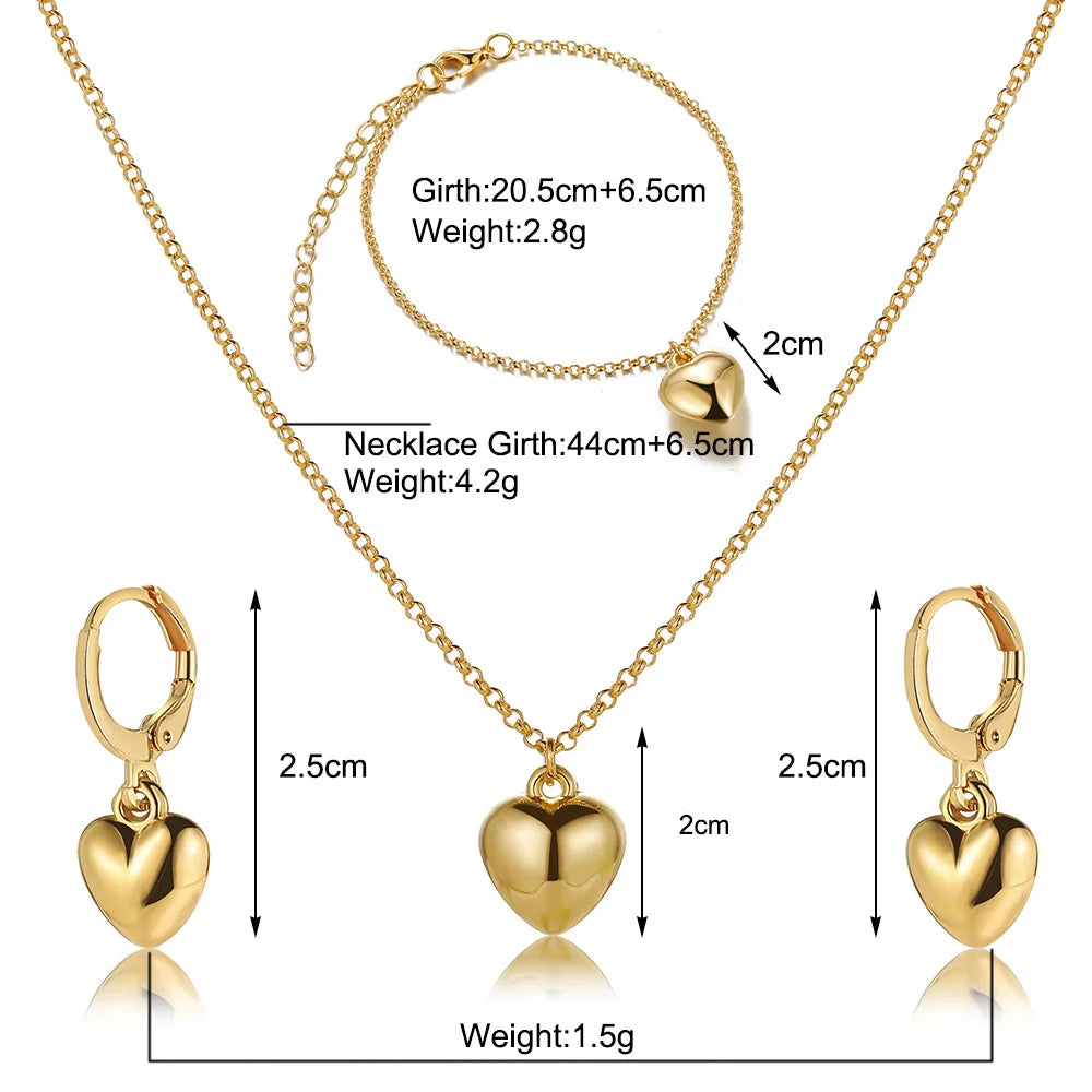 Exquisite Heart Earrings Necklace Women's Bracelet Fashion Simple Romantic Pendant Gold Color Jewelry Set 2023 New Trendy Gifts