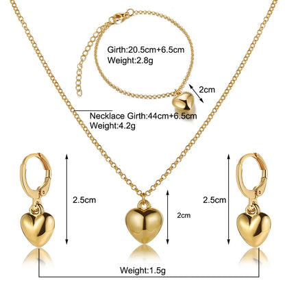 Exquisite Heart Earrings Necklace Women's Bracelet Fashion Simple Romantic Pendant Gold Color Jewelry Set 2023 New Trendy Gifts