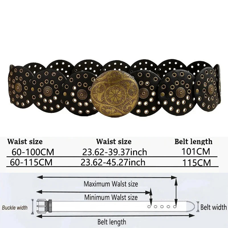 Women's Western Denim Belt High Quality Metal Hollow Ladies Trend Wide Waistband Vintage Personalized Round Belts DT148