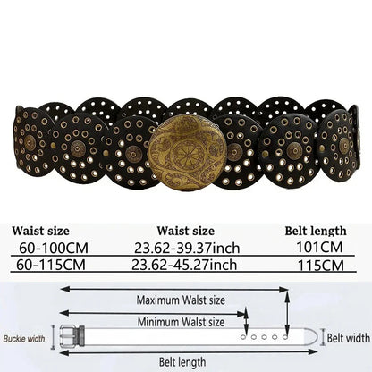 Women's Western Denim Belt High Quality Metal Hollow Ladies Trend Wide Waistband Vintage Personalized Round Belts DT148