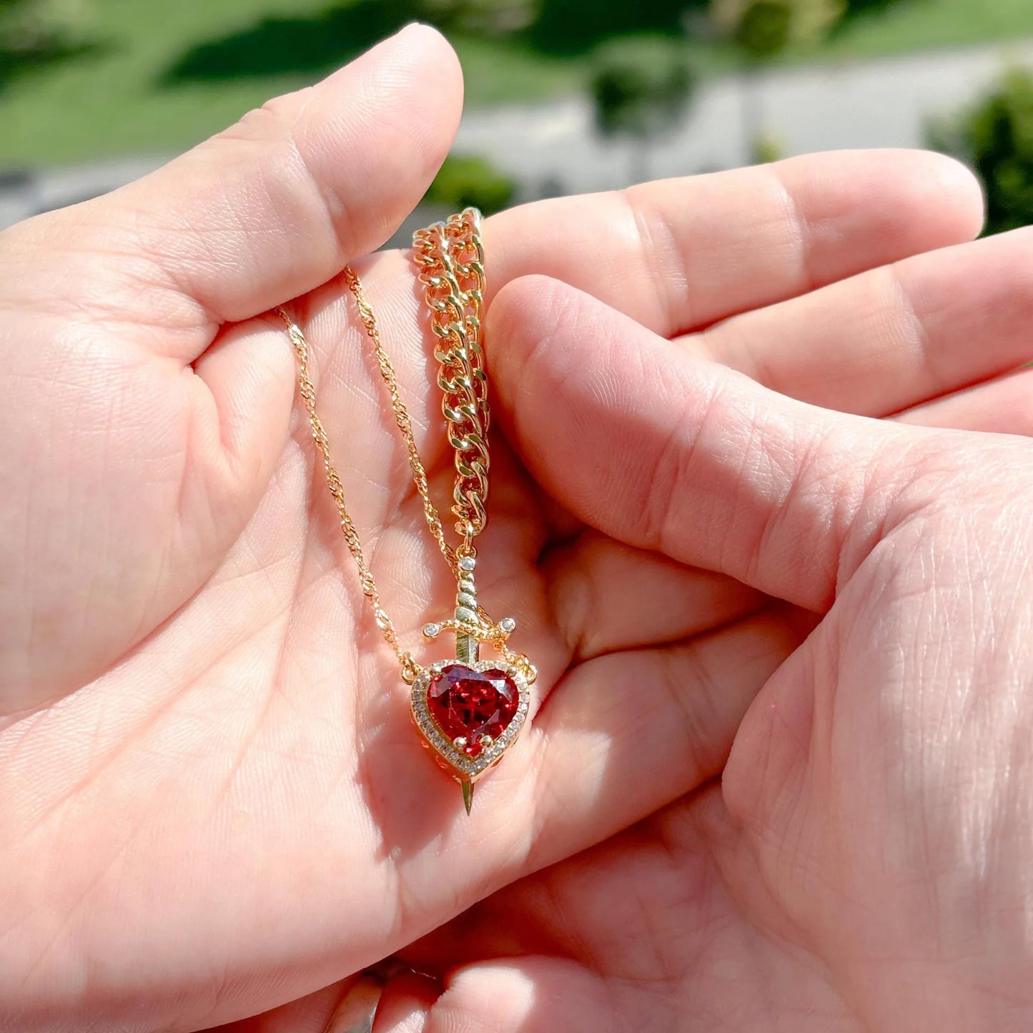 Creative Heart and Sword Couple Necklace Red Pink Heart Sword Necklace Fashion Accessories for Women Couple Gift Jewelry