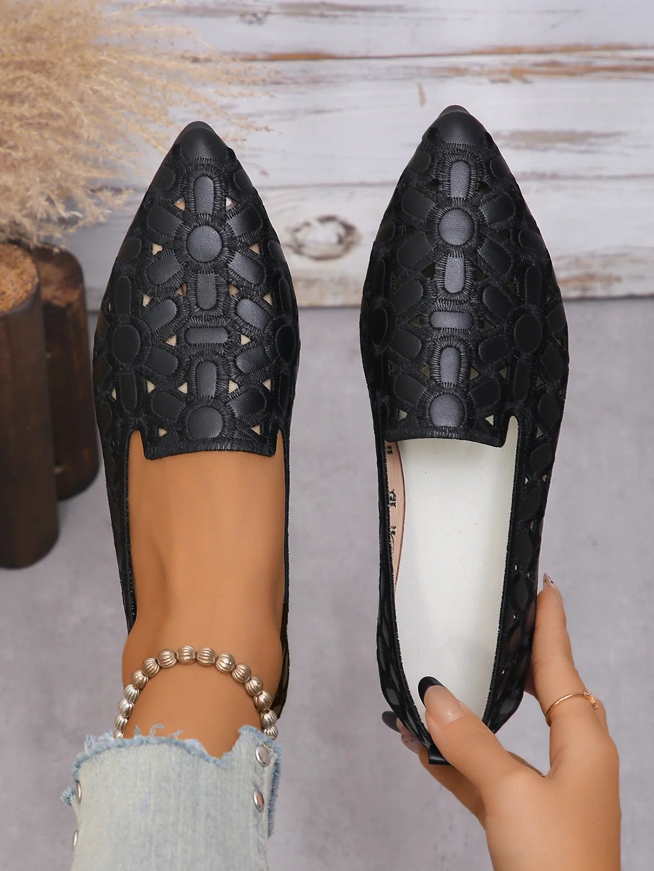 EtherealBe women's embroidered loafers in black with intricate floral design for stylish comfort