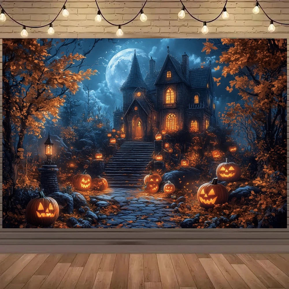 Eerie Halloween photo backdrop featuring a haunted mansion and glowing jack-o-lanterns