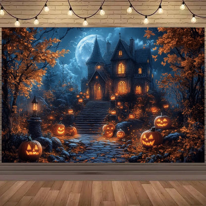 Eerie Halloween photo backdrop featuring a haunted mansion and glowing jack-o-lanterns