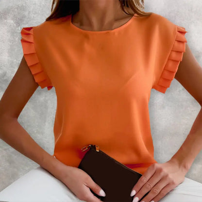 O-Neck Elegant Simple Lady Shirt Ruffle Short Sleeve Solid Color Summer Blouse Women's Tops Blusa Mujer Female Blusas