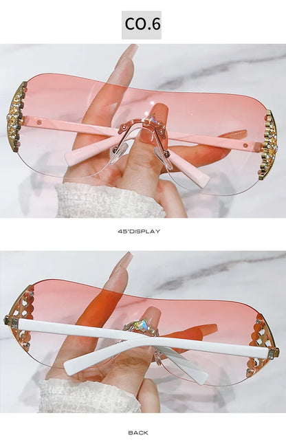 Luxury One-Piece Rimless Sunglasses Oversized Diamond Brand Designer Sun Glasses for Women Steampunk Eyewear UV400 Oculos De Sol